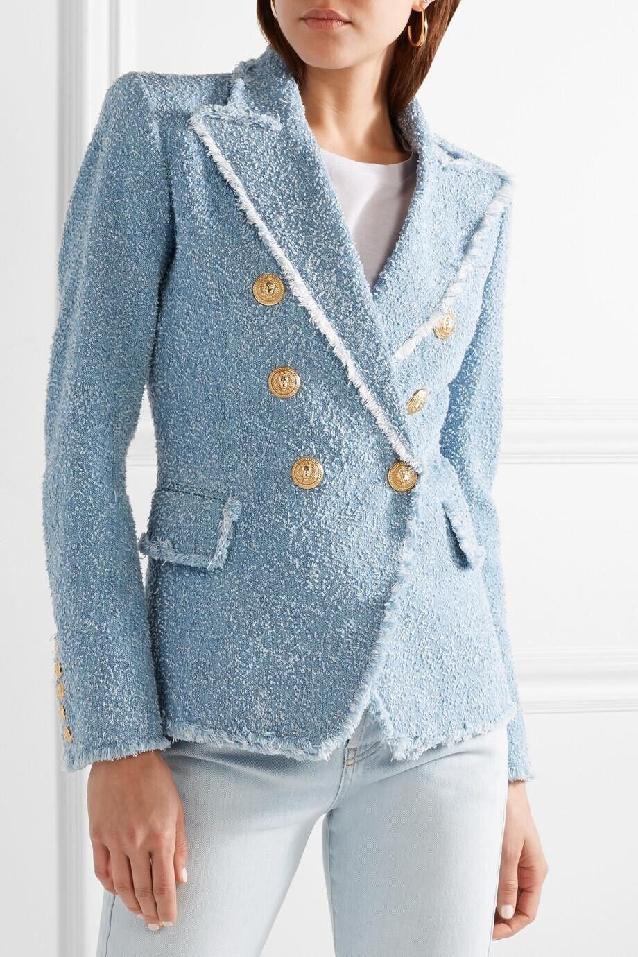Balmain Double-breasted Cotton-blend Bouclé-tweed Blazer In Blue Size F 40 UK 12 ladies
