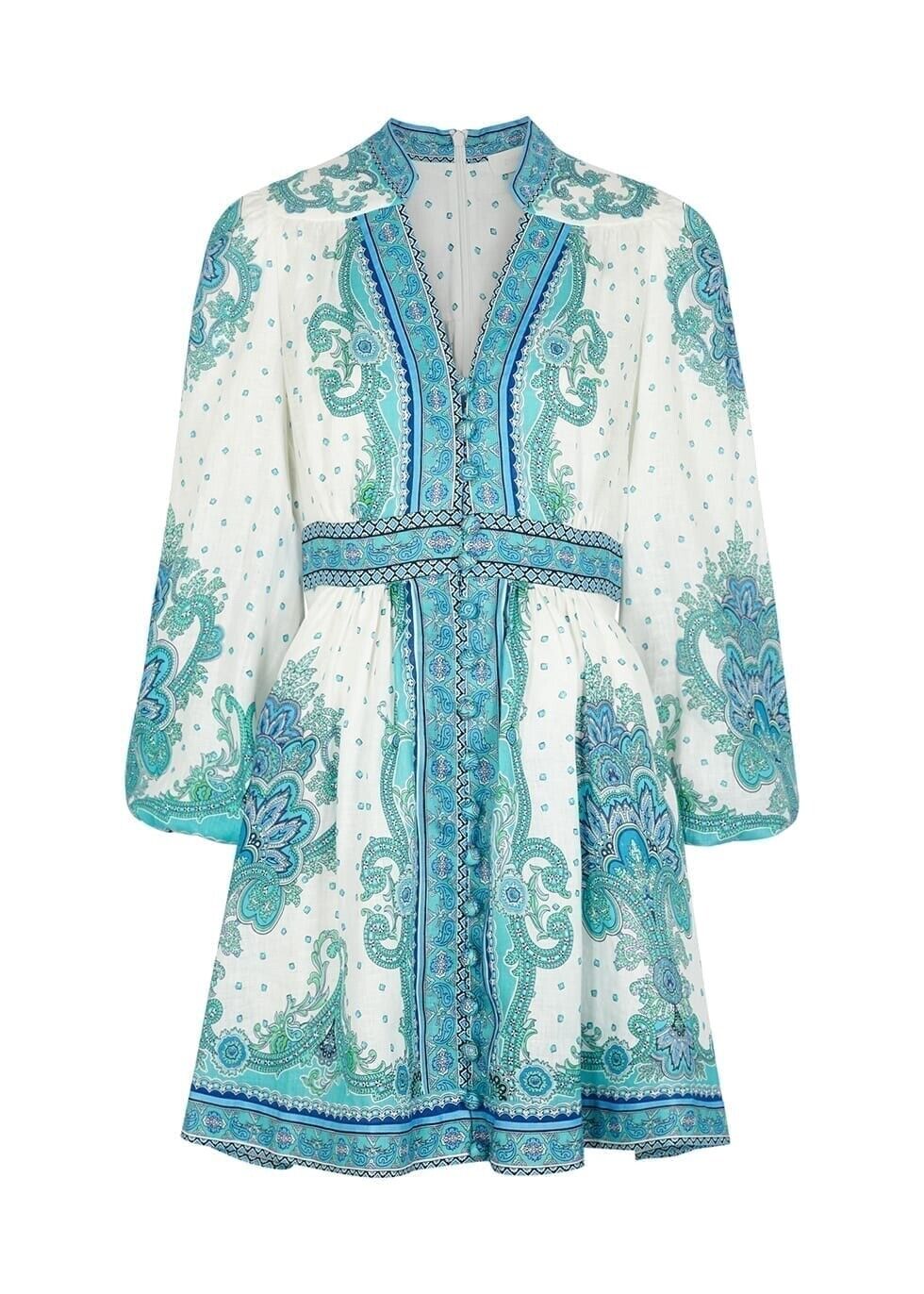 ZIMMERMANN Blue Bells Paisley-print Linen Mini Dress SIZE 2 M MEDIUM ladies
