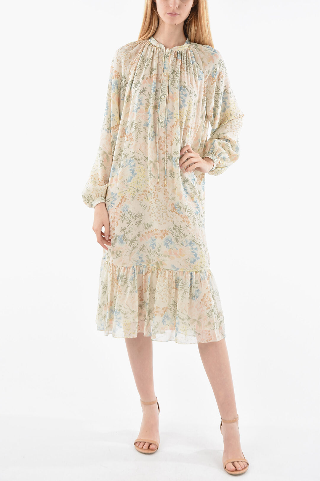 CELINE SILK-CHIFFON MIDI DRESS IN FLORAL MOTIF WITH BOTTOM RUFFLE Size F 34 ladies