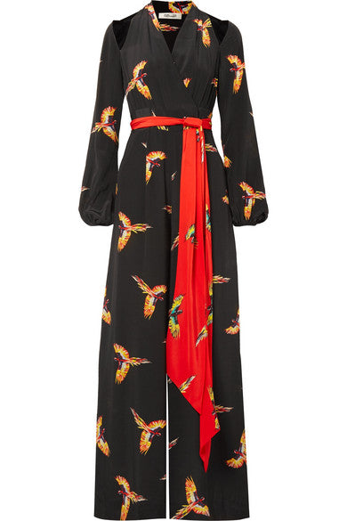 Diane von Furstenberg Cutout Parrots belted printed silk jumpsuit Size US 2 Ladies