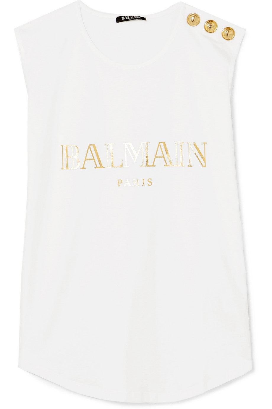 BALMAIN White Button-embellished printed Sleeveless Top T-shirt Ladies