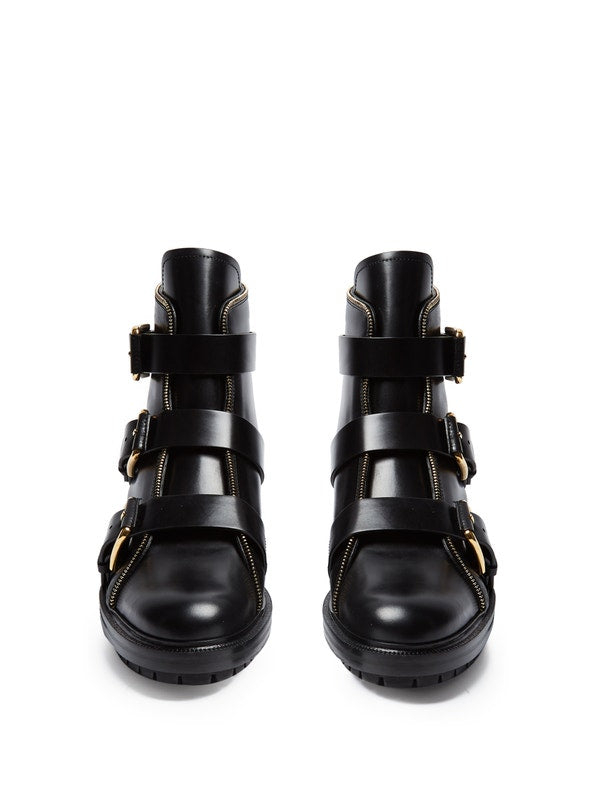 Balmain Ranger multi-strap leather ankle combat boots Size 37 ladies