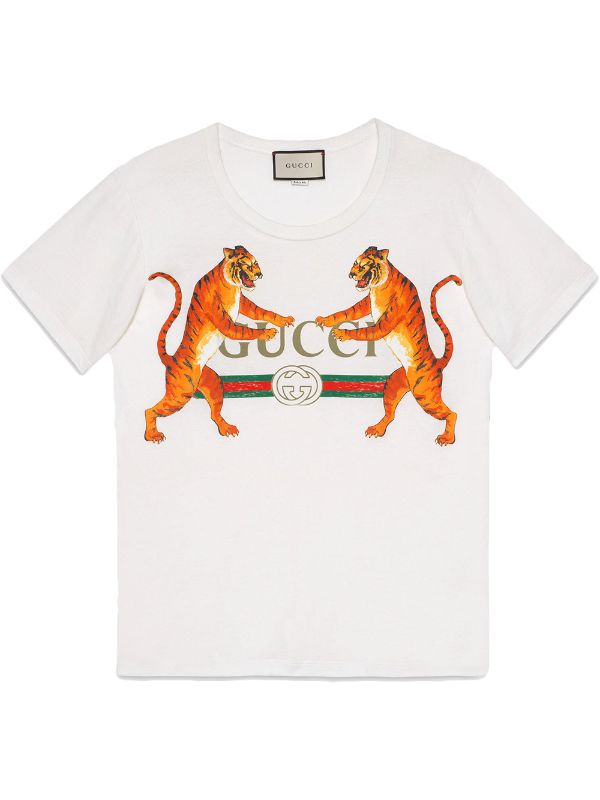Gucci Tigers Roaring Vintage Look Logo White T-Shirt Size XXS ladies