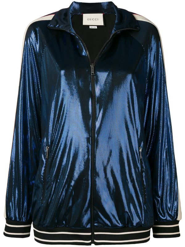 GUCCI 2019 Metallic Blue Lamé Logo Track Jacket Ladies