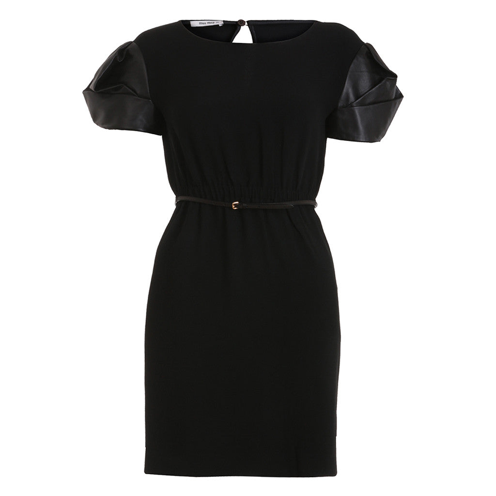 MIU MIU DRESS BLACK LEATHER SLEEVES I 36 XXS LADIES  Afashionistastore