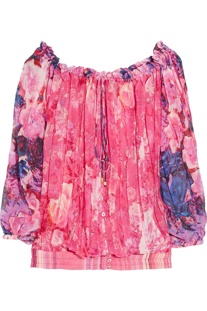 ROBERTO CAVALLI Pink Floral Printed silk-chiffon top Ladies