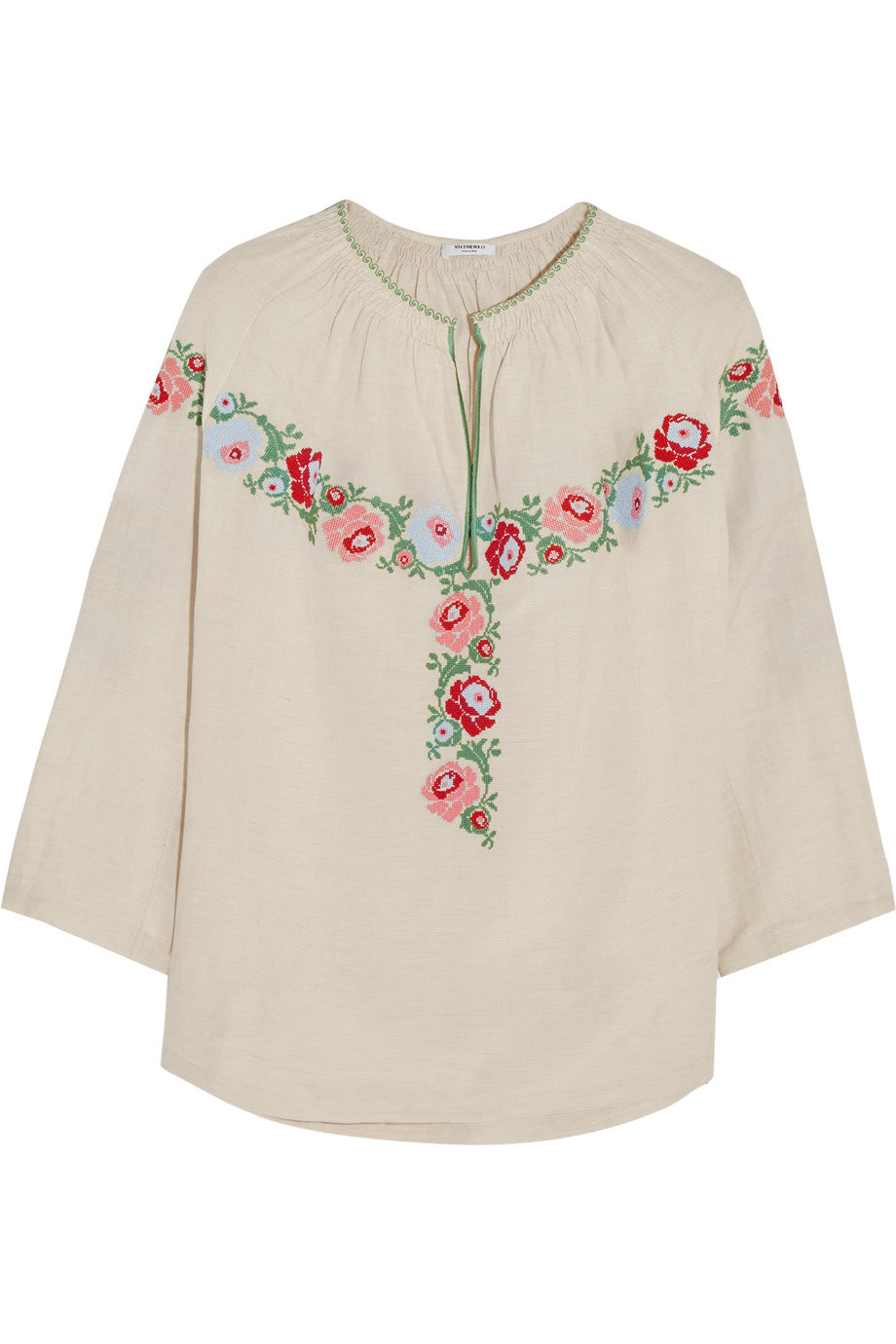 VILSHENKO Harper embroidered slub linen and silk-blend blouse Ladies