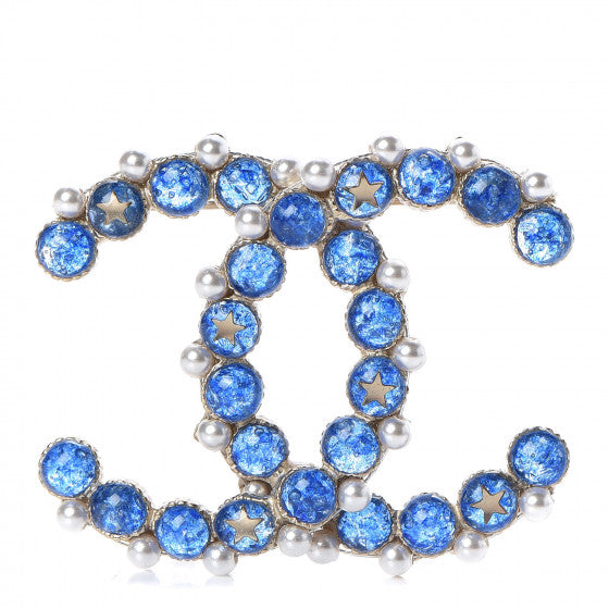 CHANEL CC Gripoix Pearl Star Brooch Gold Blue Pearls ladies