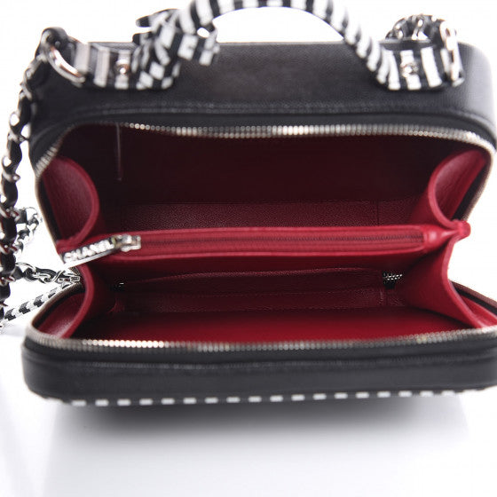 CHANEL 2019 Caviar Quilted Striped Medium CC Filigree Vanity Case Black White ladies