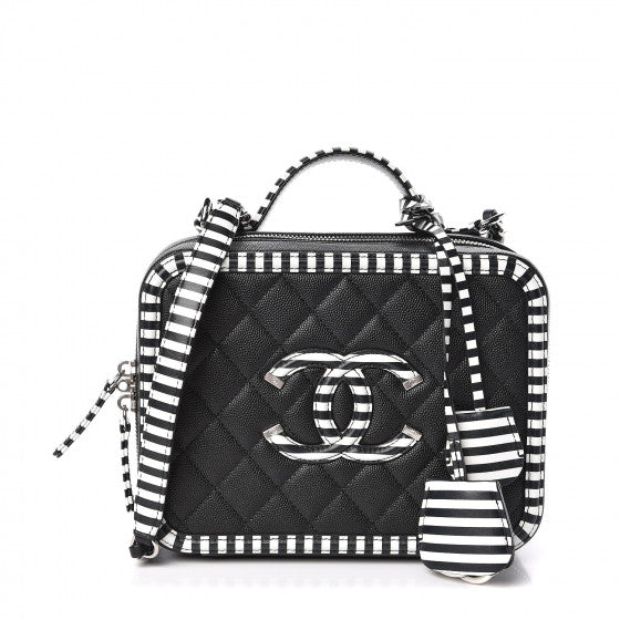 CHANEL 2019 Caviar Quilted Striped Medium CC Filigree Vanity Case Black White ladies
