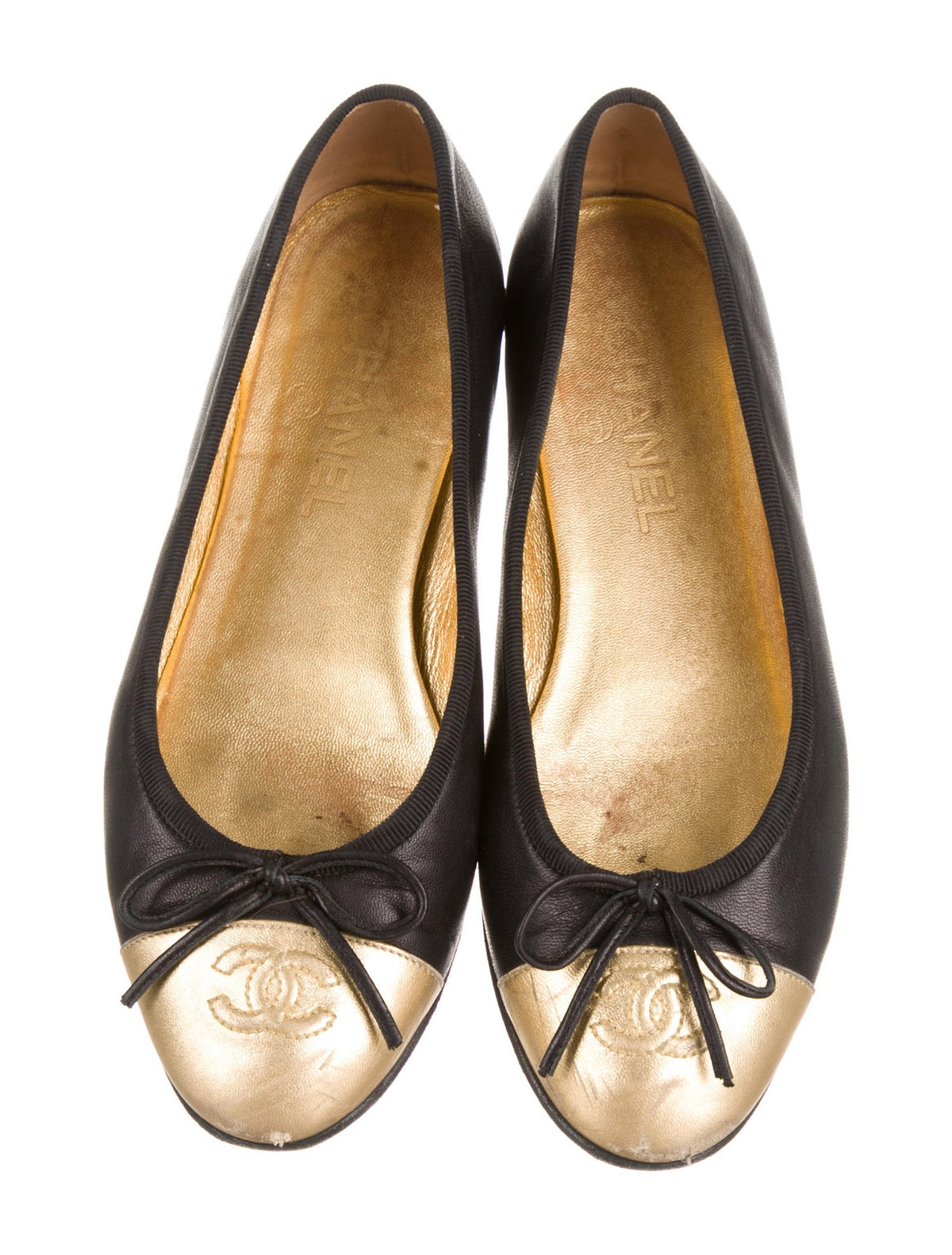 CHANEL LIMITED EDITION CC GOLD BLACK FLATS SHOES Ladies