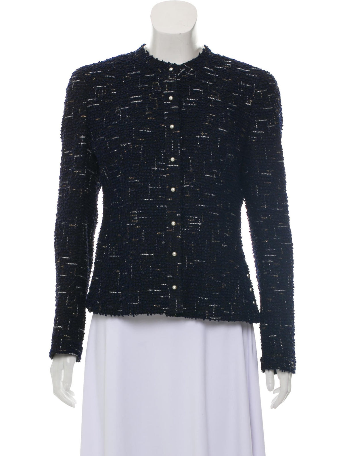 CHANEL Metallic Tweed Jacket Pearls Embellishe Ladies