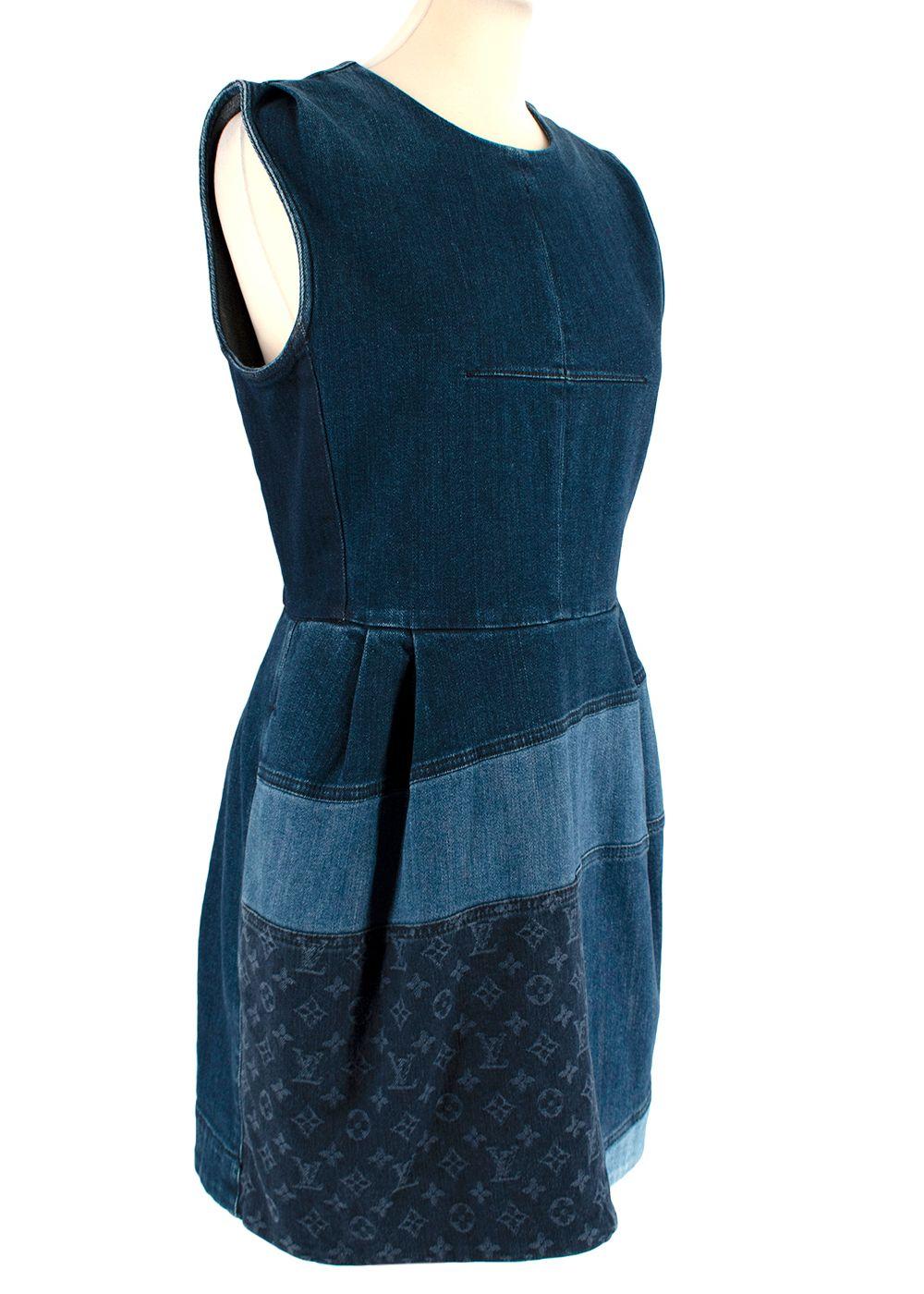 $3000 Louis Vuitton Blue Denim Patchwork Monogram Sleeveless Mini Dress F 40 L ladies