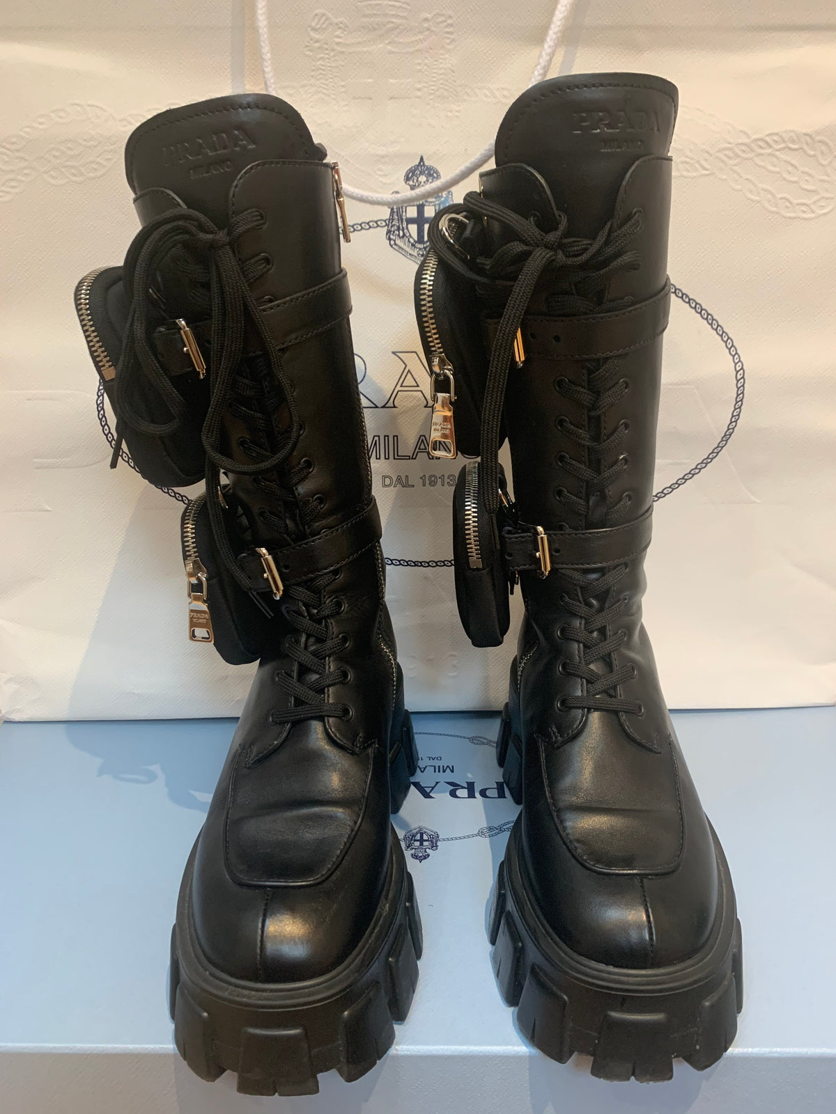 Prada Runway 2019 Black Monolith Chunky Combat Boots size 35 US 5 Ladies