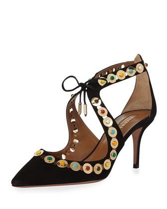 Aquazzura Byzantine Studded Suede Pump, Black Size 36 US 6 UK 3 ladies