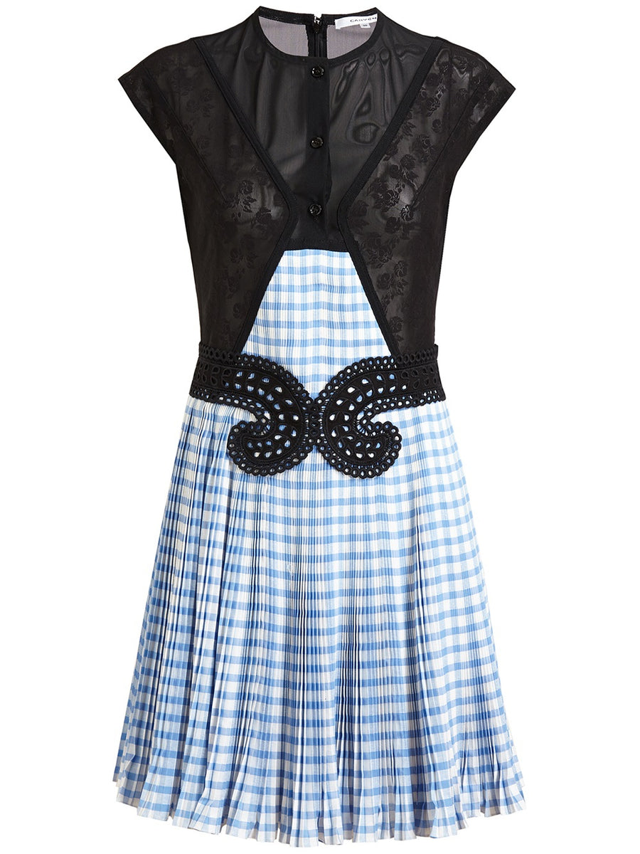Carven Blue Pleated Gingham and Mesh Dress Size FR 42 UK 12 US 10 ladi