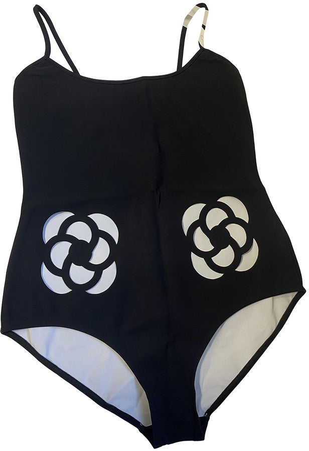 CHANEL ICONIC 16C CAMELLIA CUTOUT LASERCUT BLACK ONE-PIECE SWSIZE F 36 UK 8 US 4 ladies