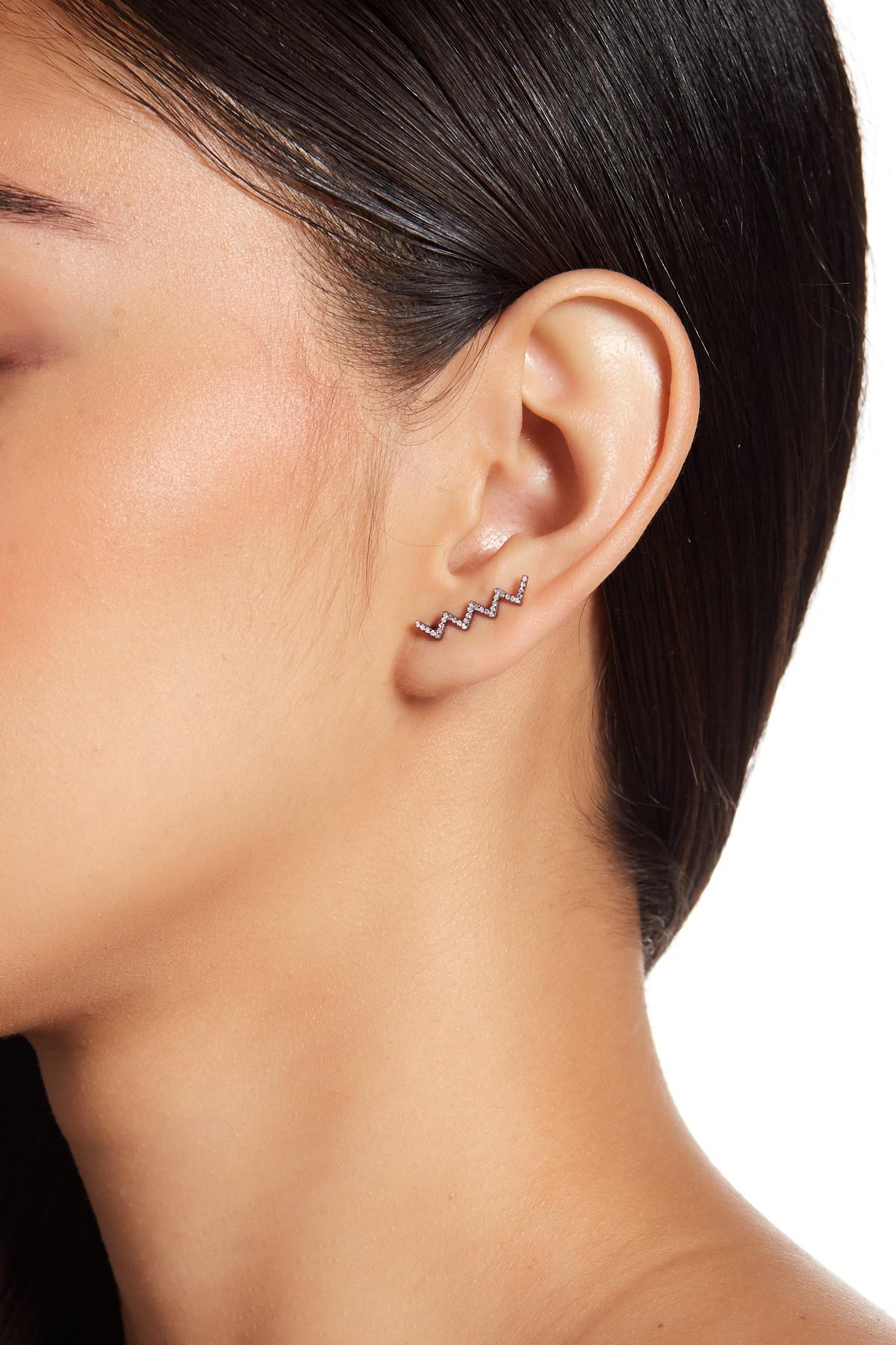 EF COLLECTION 14K 14ct 585 Yellow Gold Zigzag Diamond Floating Ear Cuff Earring ladies