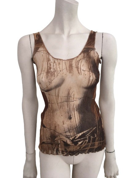 Jean Paul GAULTIER 1990's "Broken Status" Women's Body Sheer Tank Top Size L ladies