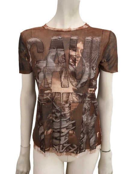 Jean Paul GAULTIER 1990's Face Printed Sheer T shirt Top Size L Large ladies