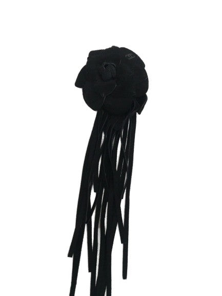 CHANEL CAMELLIA BLACK SUEDE LEATHER FLOWER FRINGE BROOCH PIN 2014 ladies