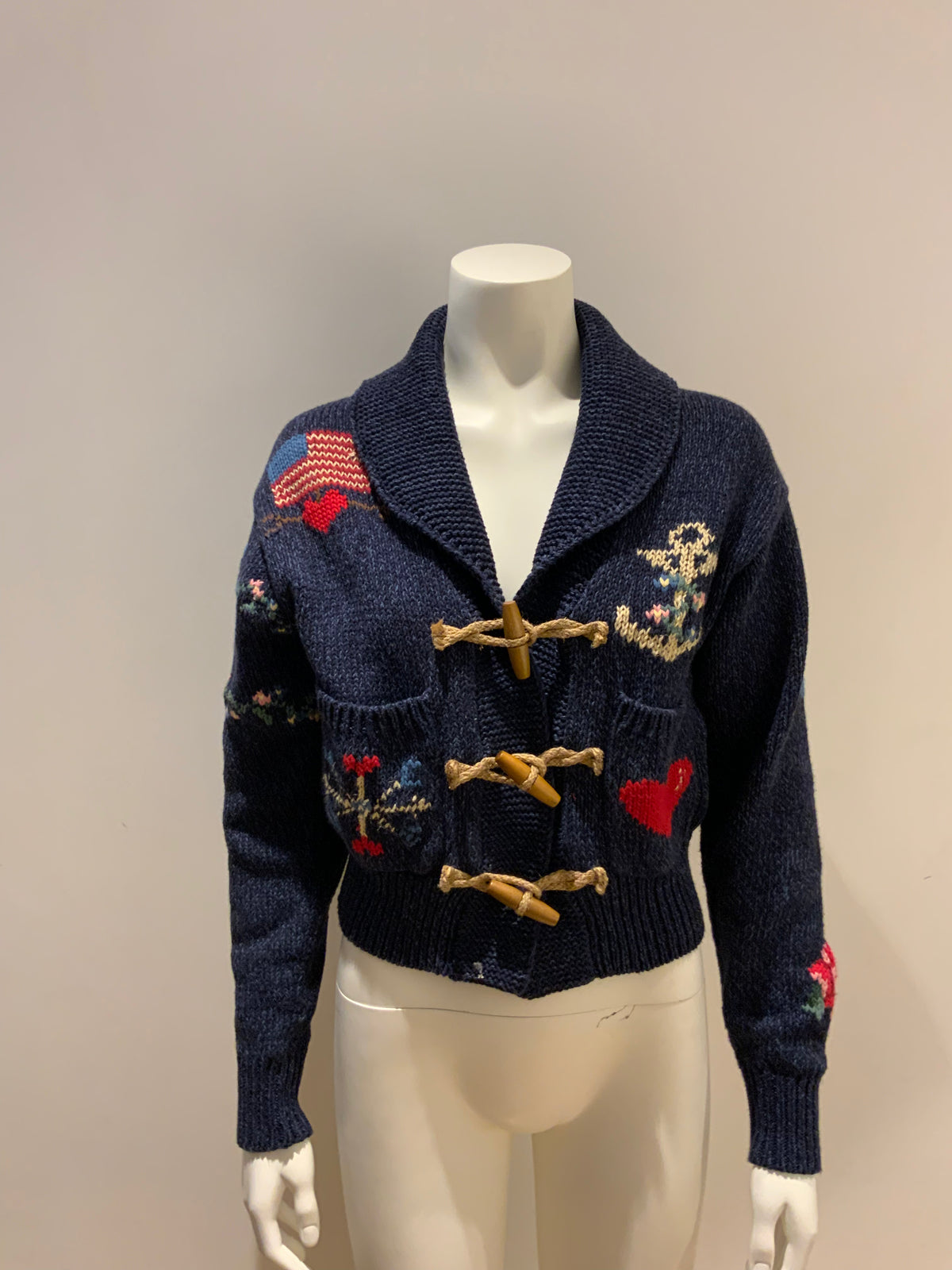 Polo Ralph Lauren Intarsia Knit Graphic Logo Cardigan Toggle Sweater Sz S small ladies