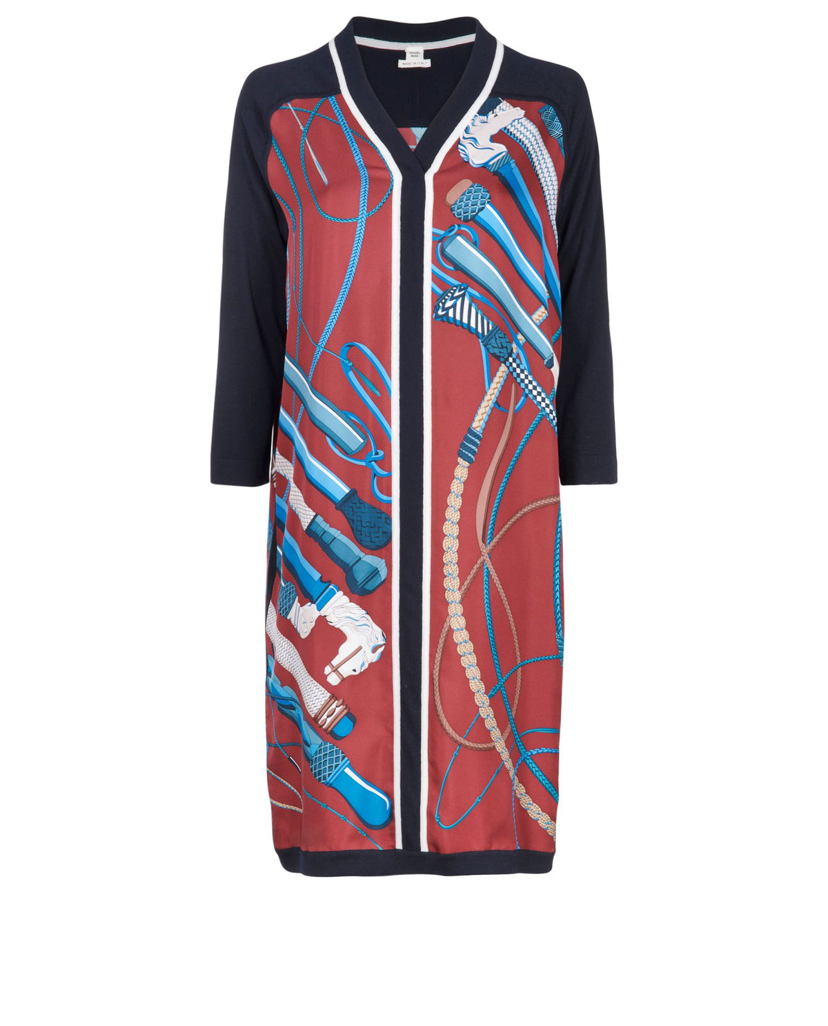 HERMÈS 2021 Black Maroon Fouets Et Badines Print Silk Shift Dress ladies