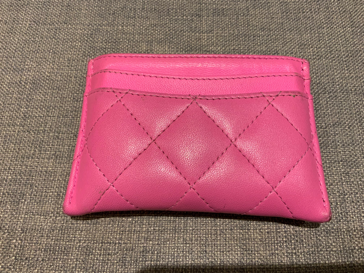CHANEL Lambskin Quilted 2021 Neon Pink CC Logo Card Holder Wallet ladies