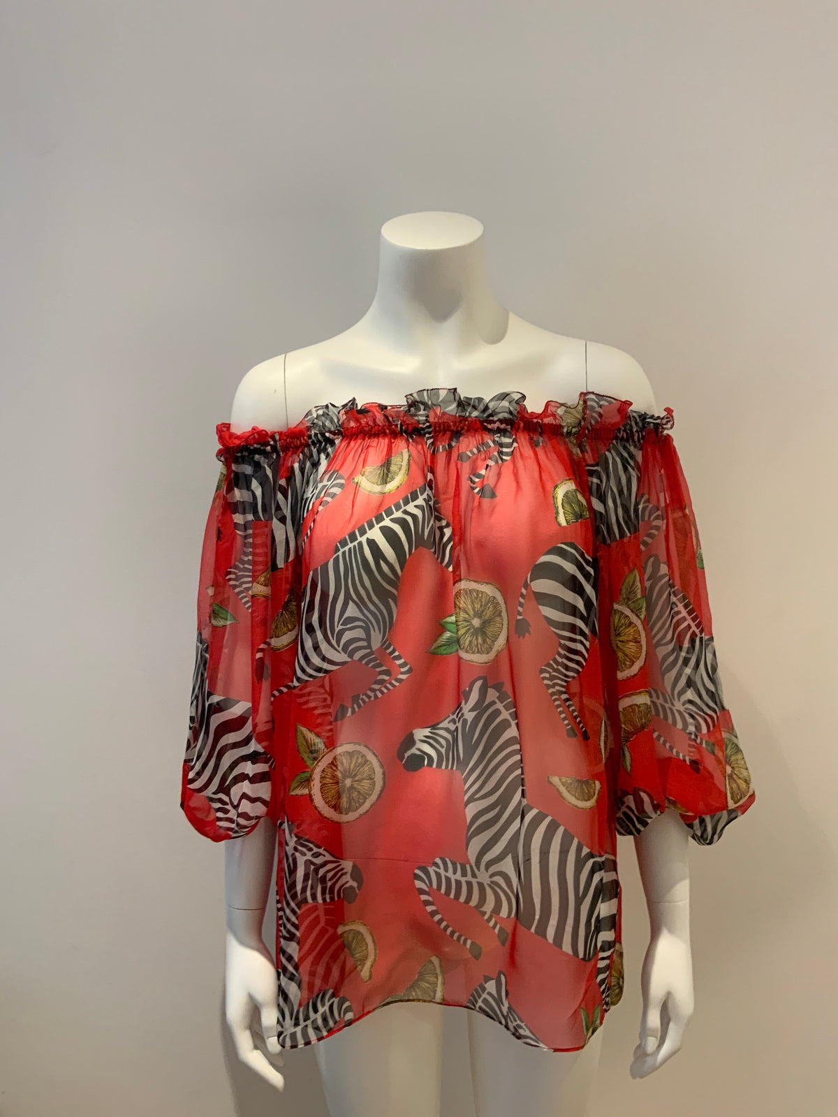 Dolce & Gabbana Red Zebra Print Silk Off Shoulder Blouse Size I 44 UK 12 US 8 ladies