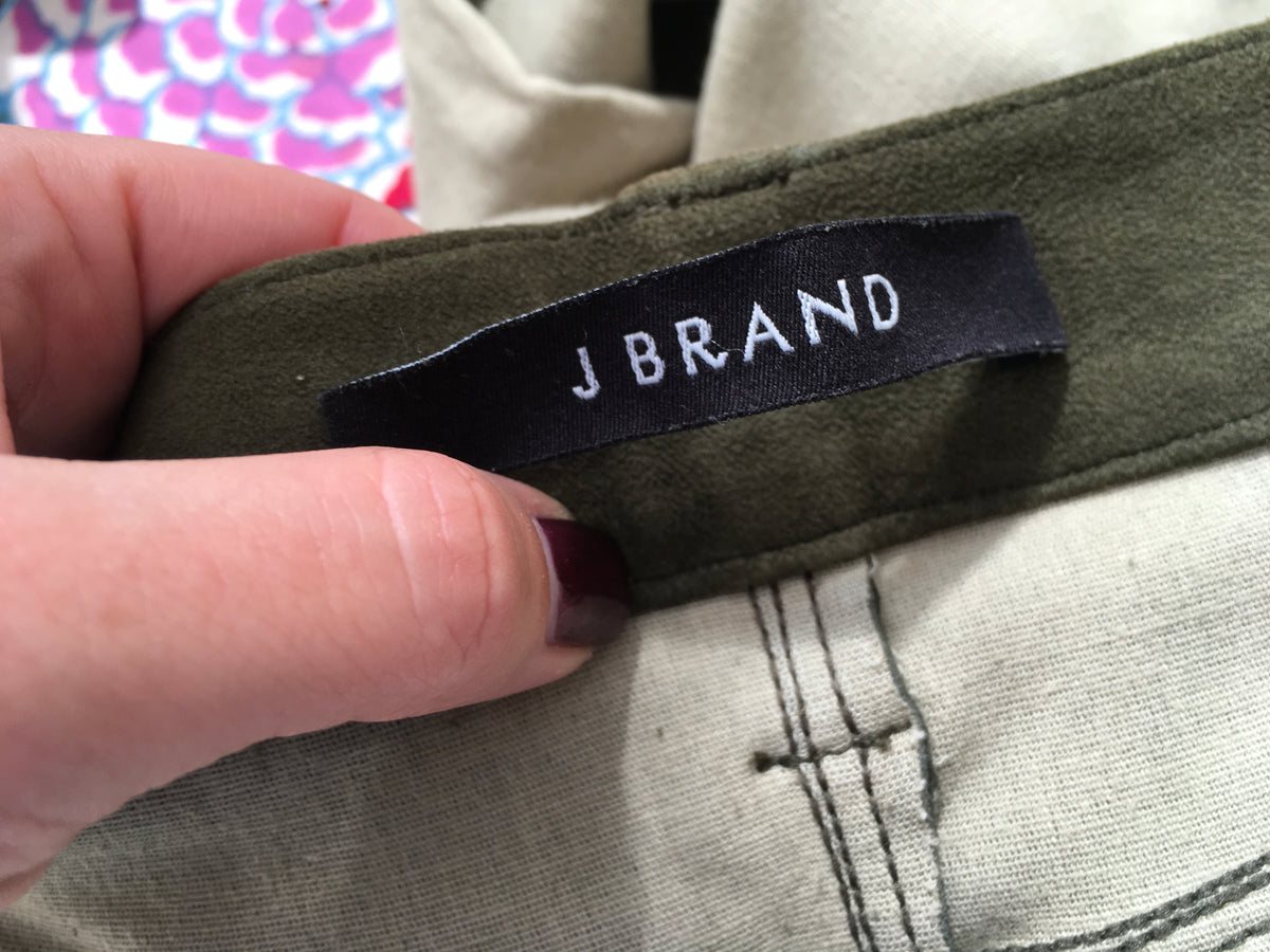 J BRAND Suede Super Skinny Pants Camo Olive Green Size 26 ladies