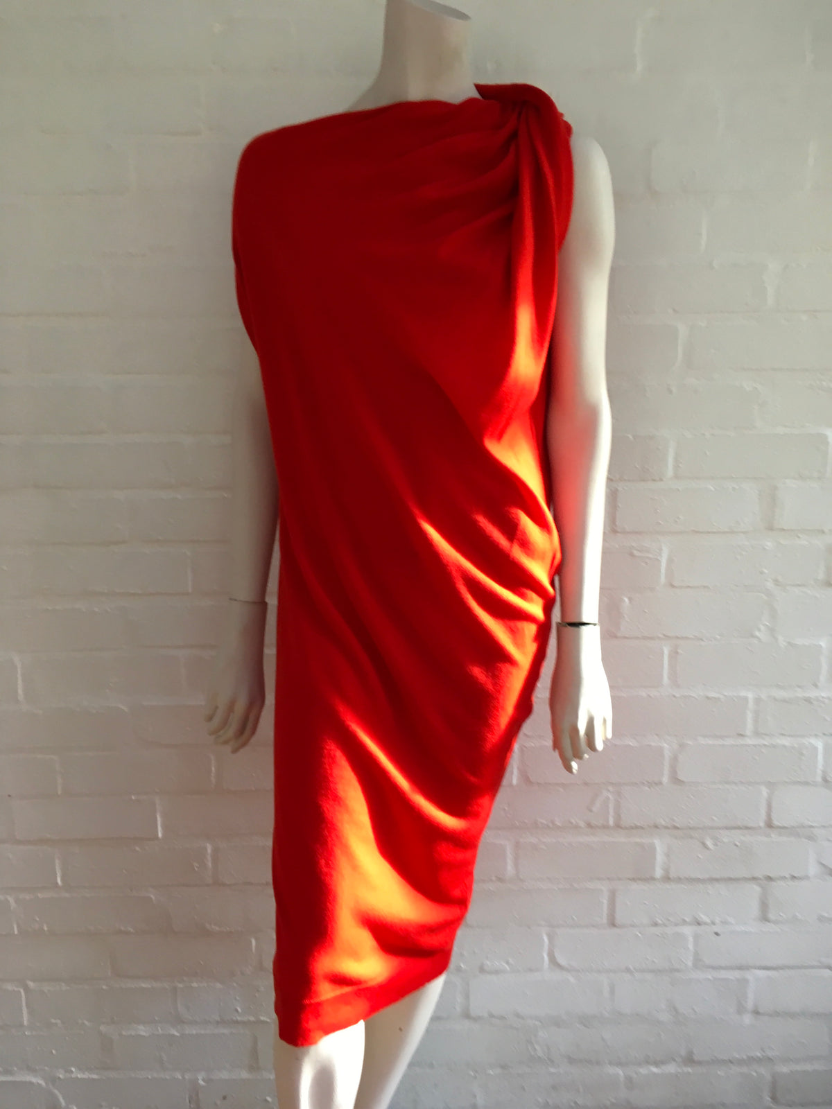 LANVIN Women's Red Draped Asymmetric Neck Wool Knit Dress Ladies