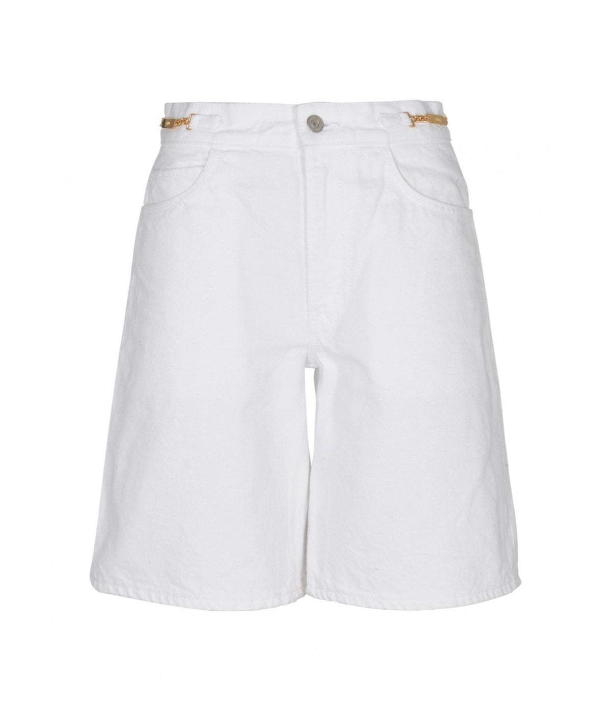 Celine White Denim High Waist Bermuda Shorts with Celine Gold Logo Chain ladies
