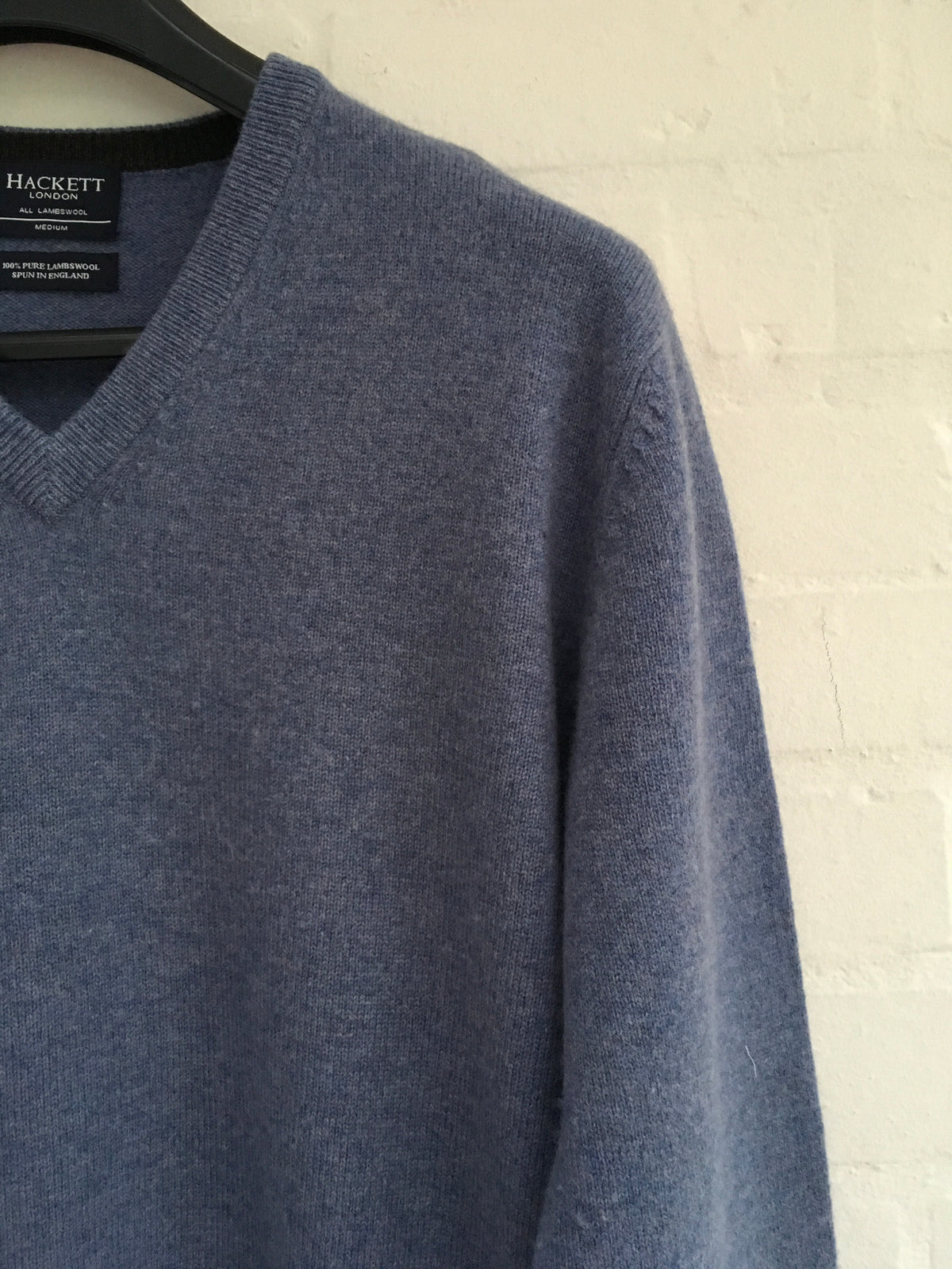 HACKETT LONDON LAMBS WOOL KNIT V NECK BLUE SWEATER JUMPER Men