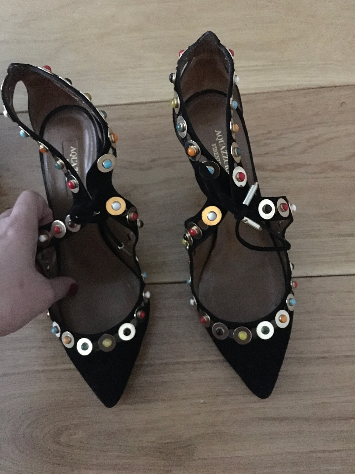 Aquazzura Byzantine Studded Suede Pump, Black Size 36 US 6 UK 3 ladies
