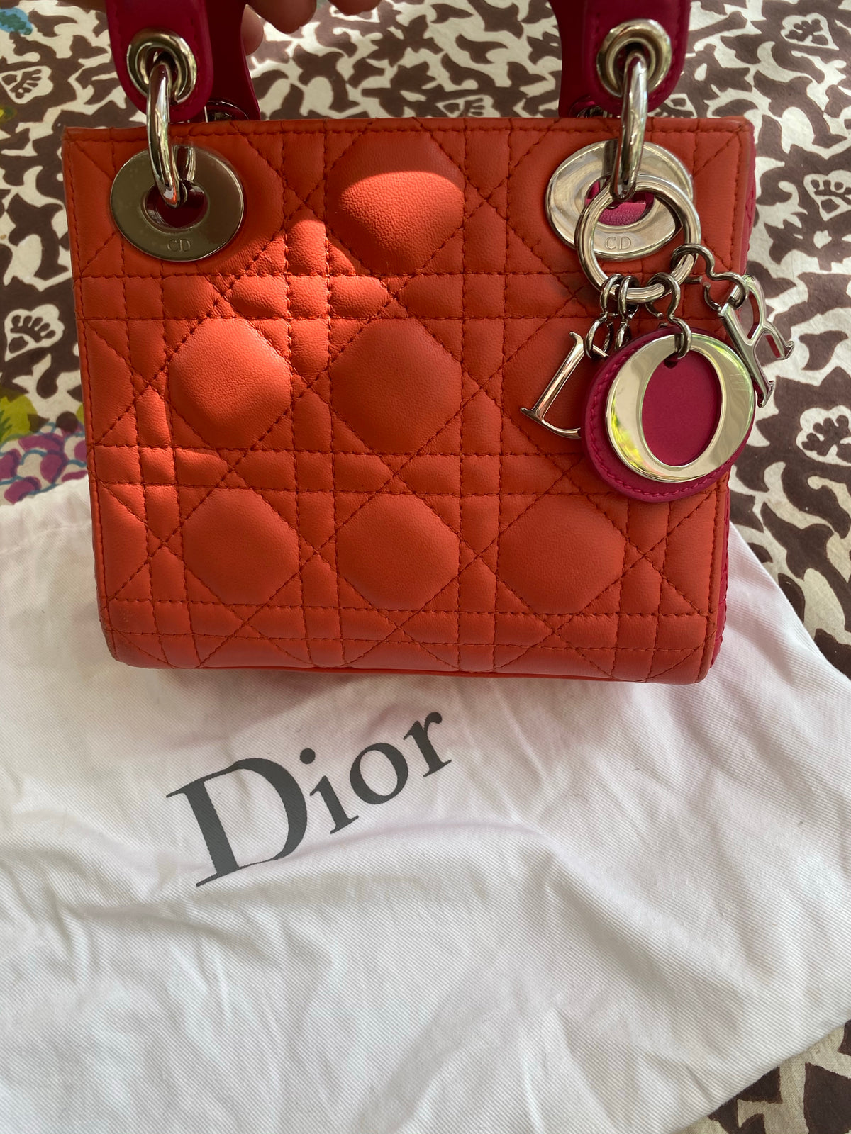 Christian Dior Lambskin Cannage Mini Bi-Color Lady Dior Orange Fuchsia Bag ladies