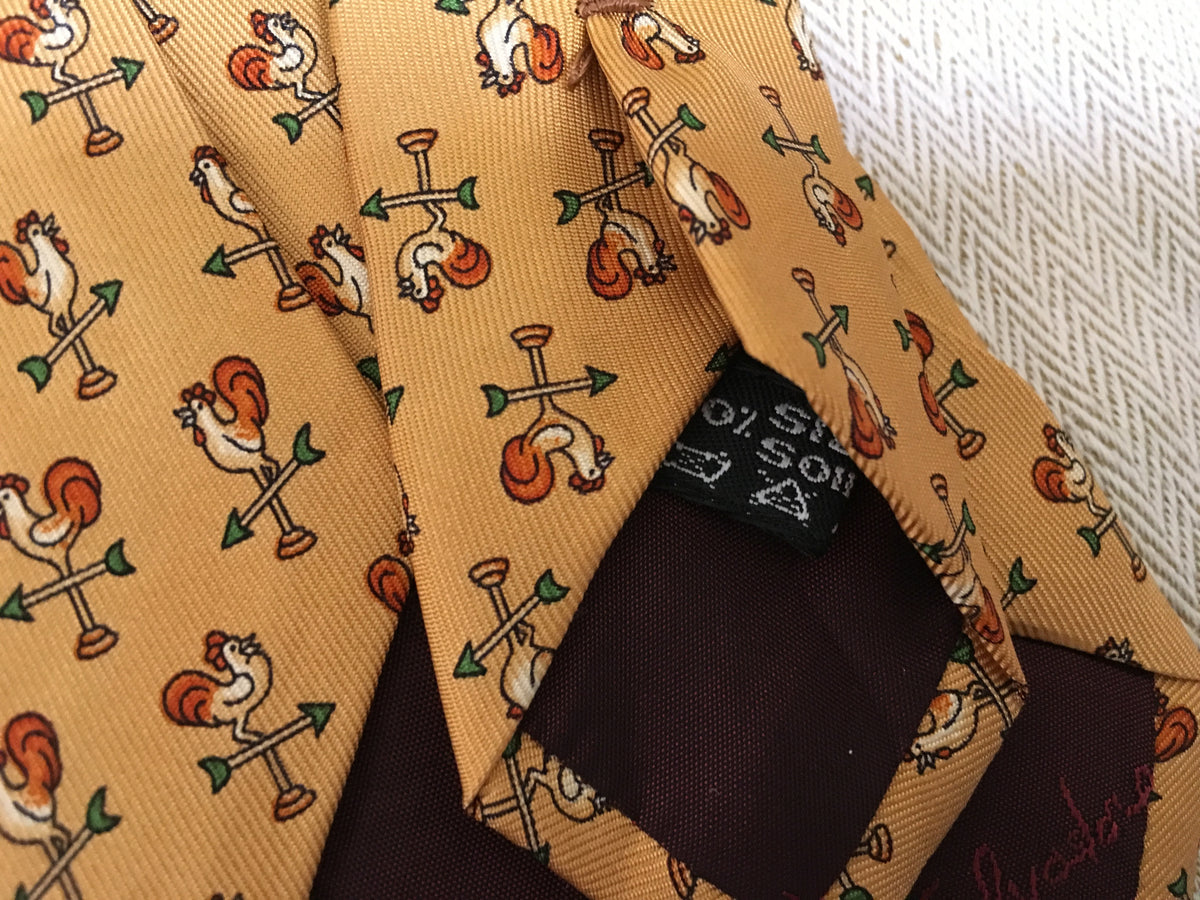 SALVATORE FERRAGAMO COCK PRINTED YELLOW SILK TIE MEN men