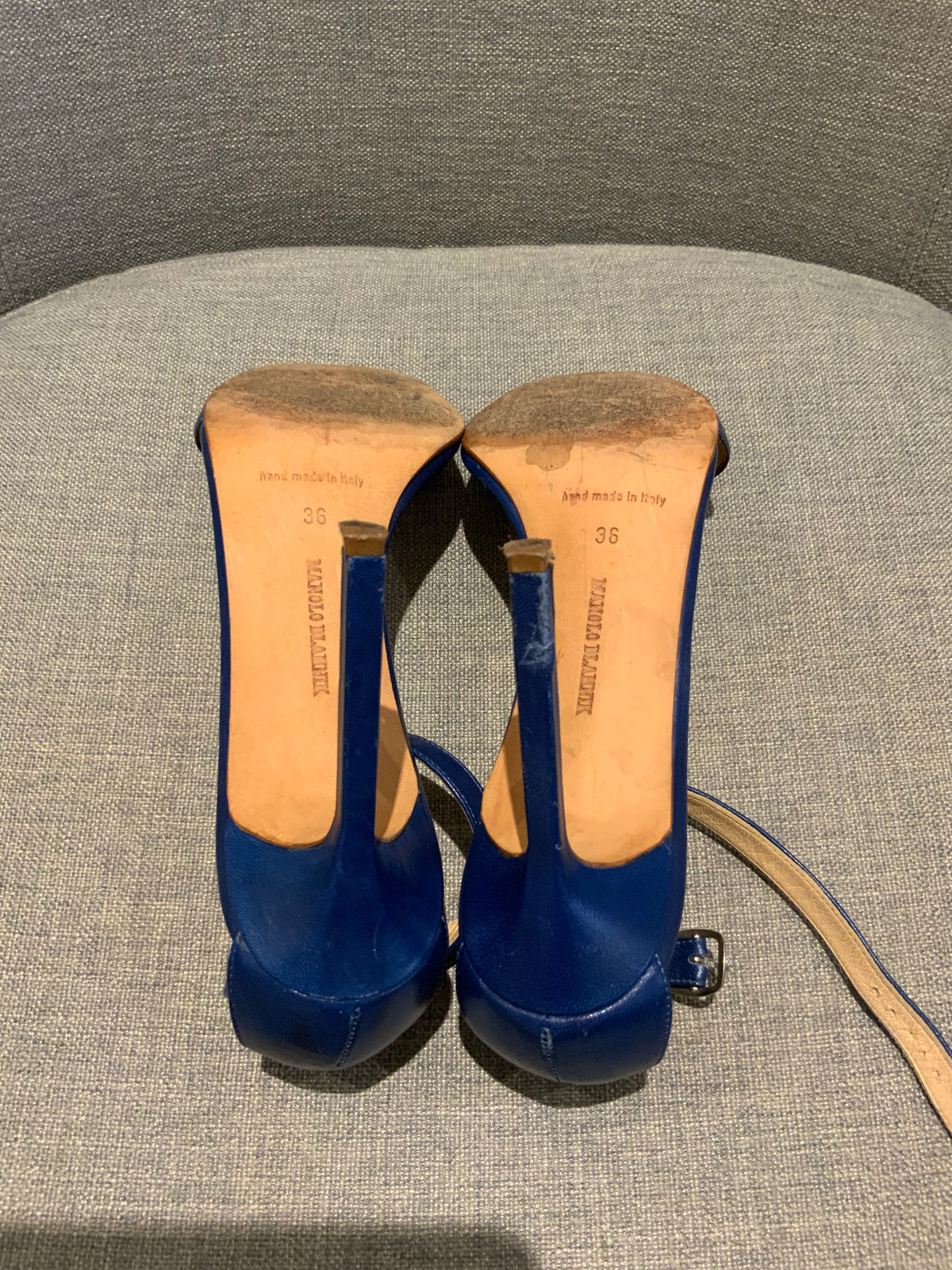 Manolo Blahnik Blue Leather Chaos 95mm Sandals SIZE 36 UK 3 US 6 ladies