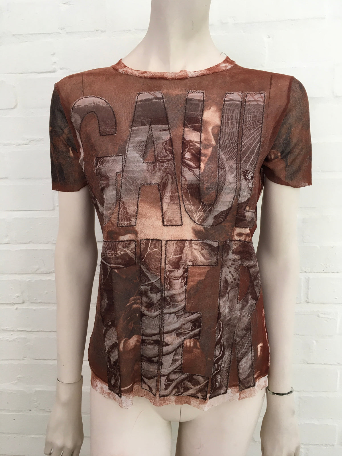 Jean Paul GAULTIER 1990's Face Printed Sheer T shirt Top Size L Large ladies