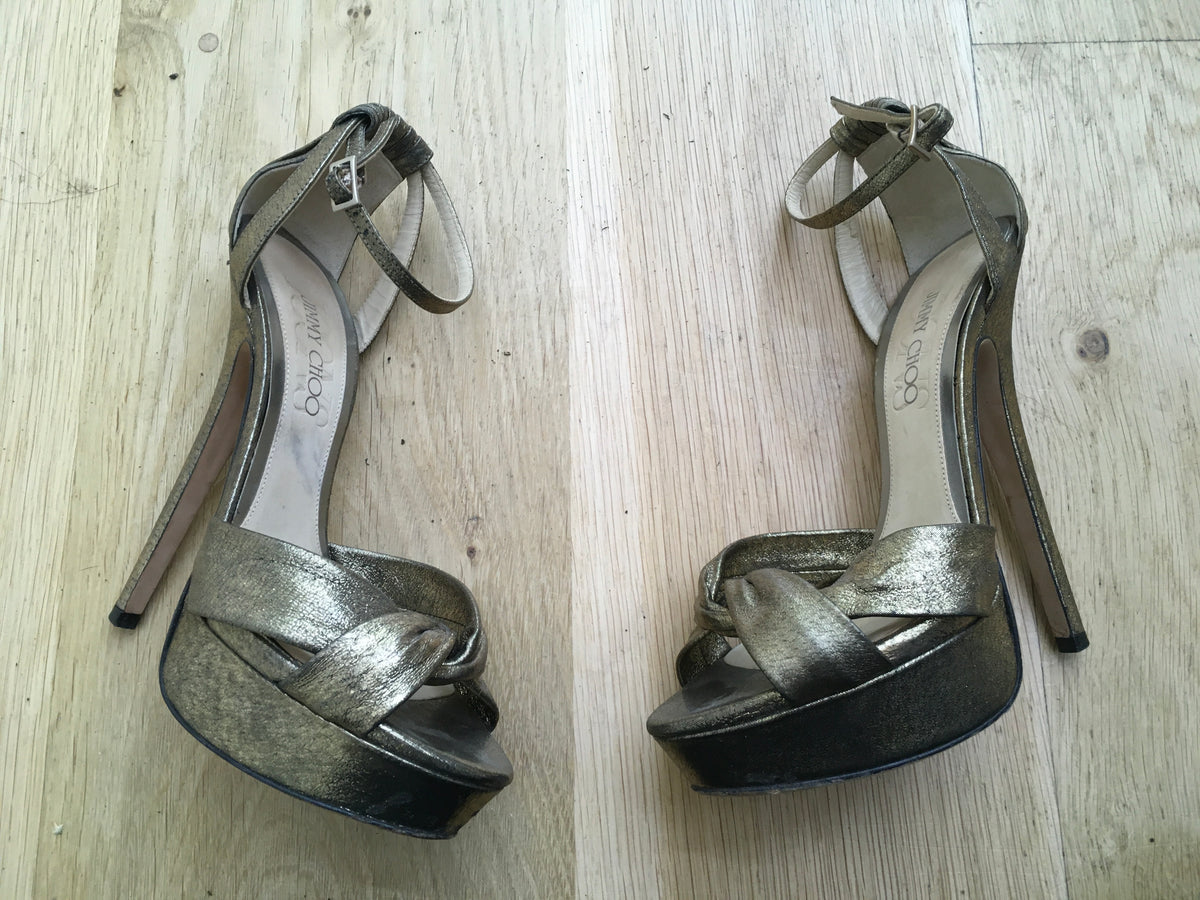 JIMMY CHOO ICONS Greta lamé-covered suede sandals Size 36 UK 3 US 6 ladies