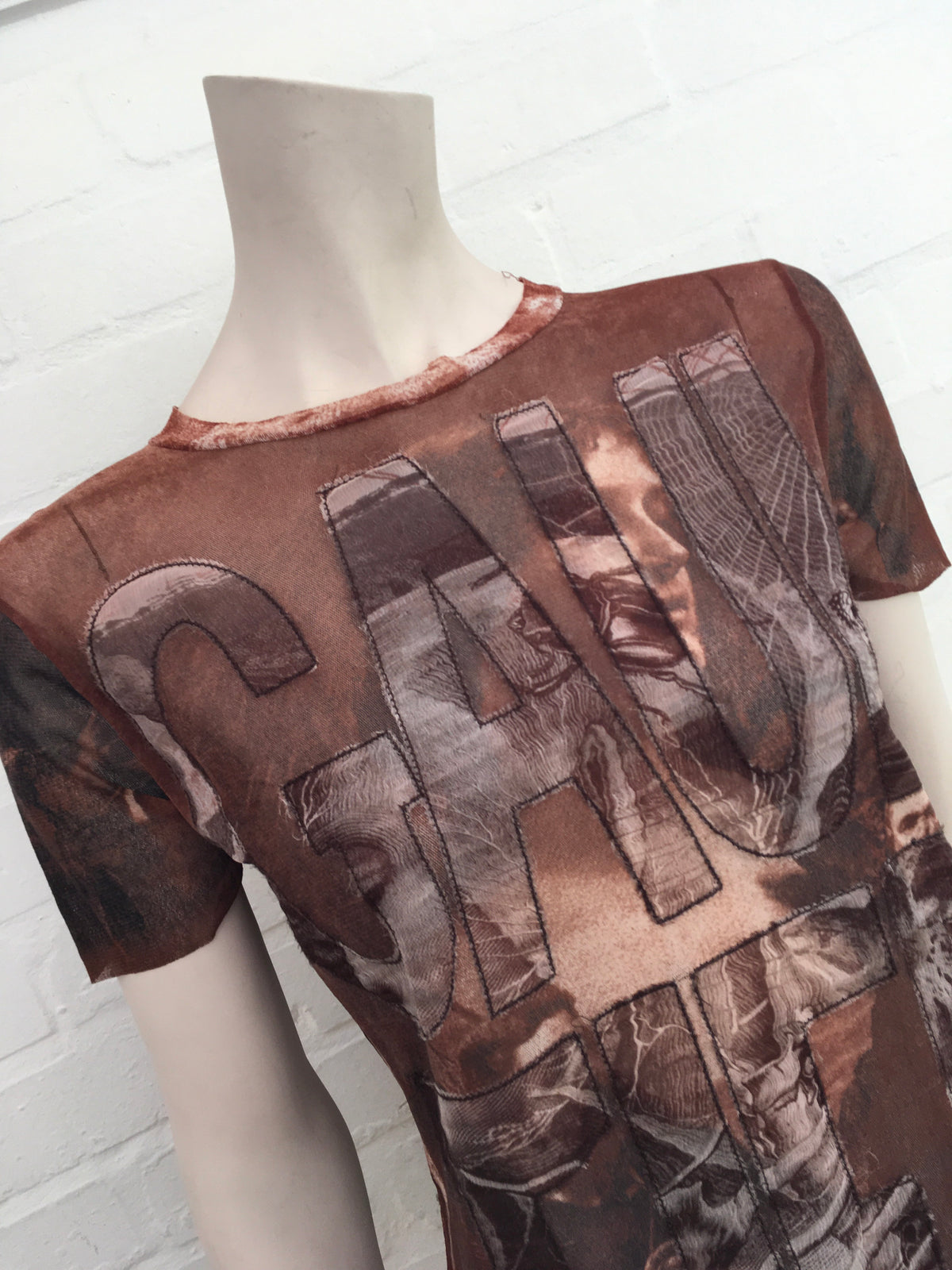 Jean Paul GAULTIER 1990's Face Printed Sheer T shirt Top Size L Large ladies