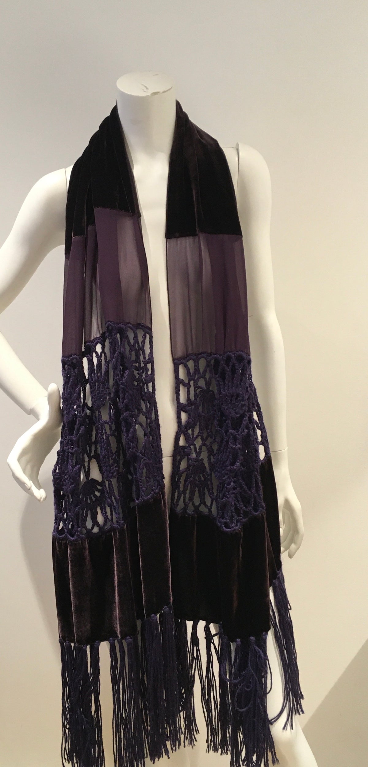 Giorgio Armani 1990's extra long velvet crochet and chiffon silk scarf shawl ladies