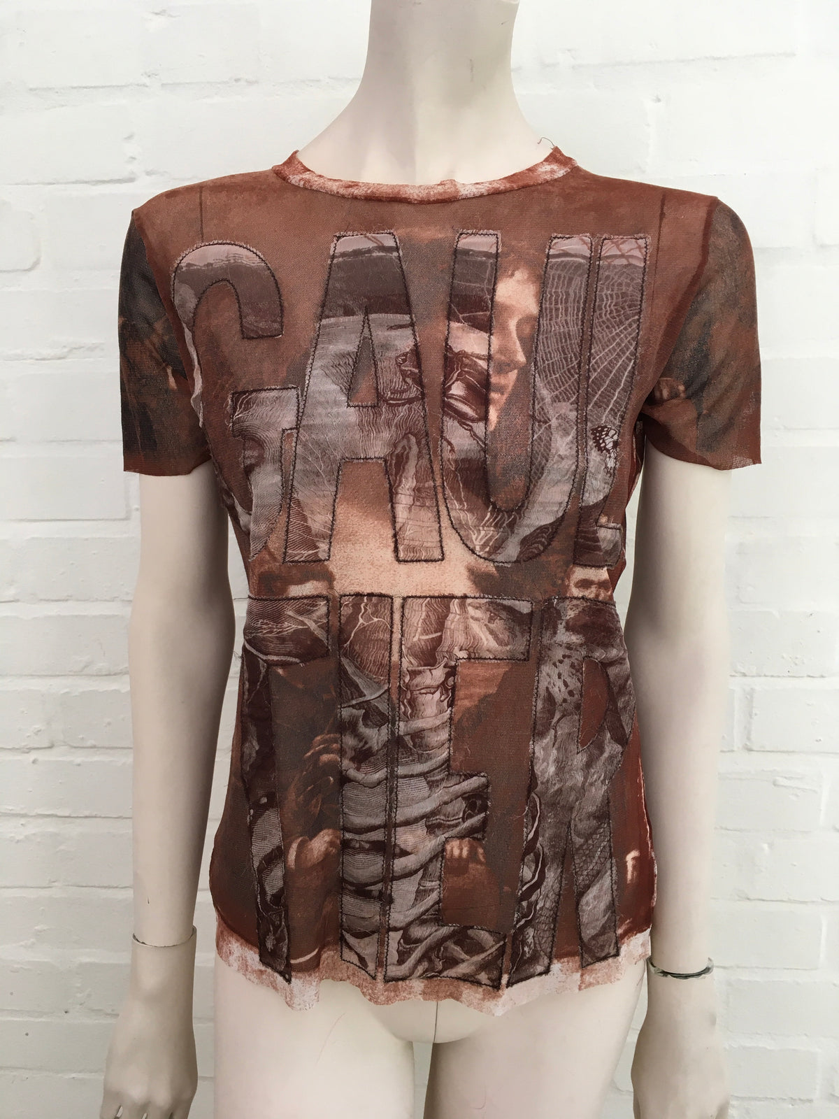 Jean Paul GAULTIER 1990's Face Printed Sheer T shirt Top Size L Large ladies