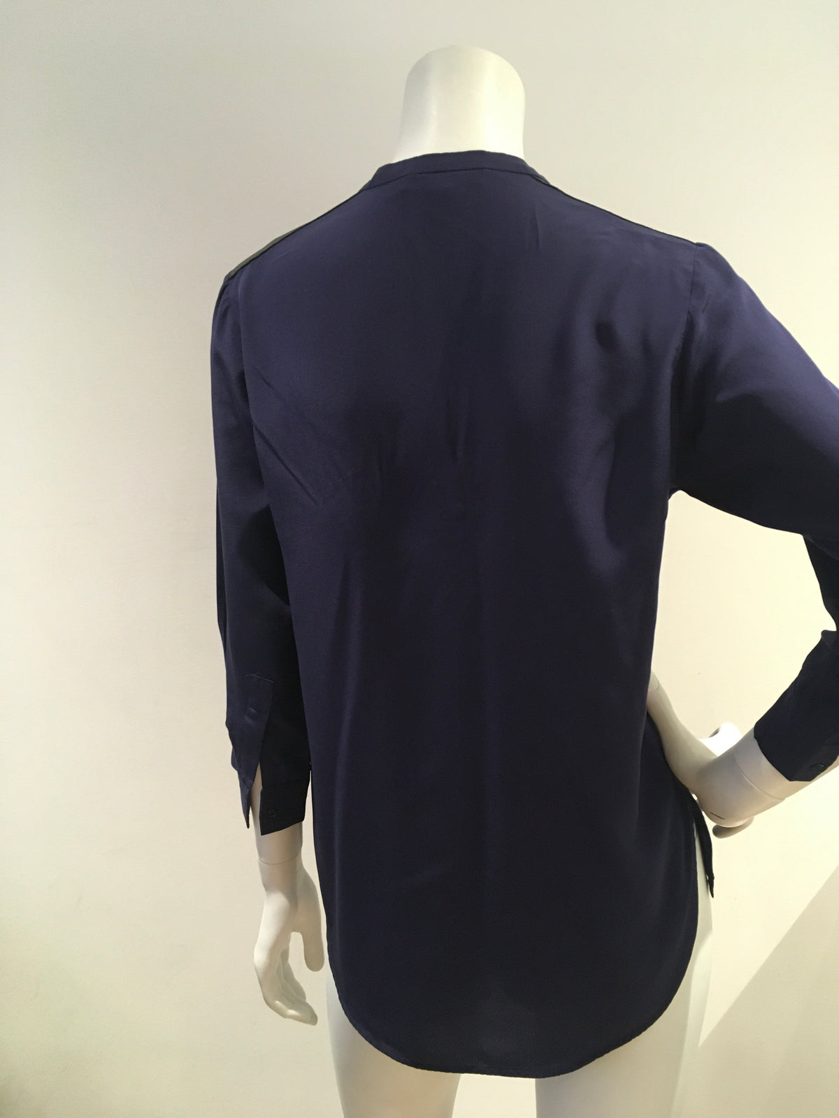 SANDRO Paris Navy Blue Eureka Leather Pocket Silk Blouse Size 1 S Small ladies