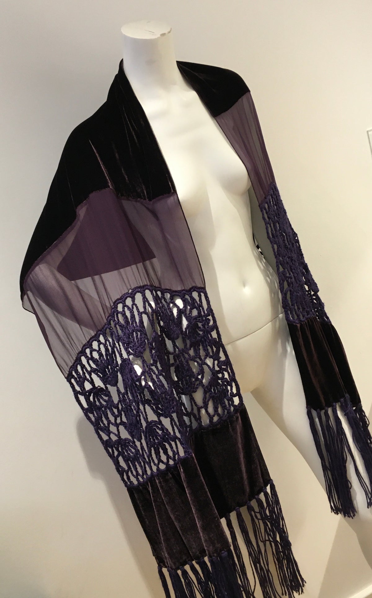 Giorgio Armani 1990's extra long velvet crochet and chiffon silk scarf shawl ladies