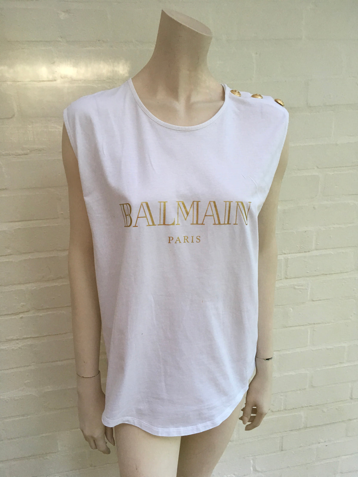 BALMAIN White Button-embellished printed Sleeveless Top T-shirt Ladies