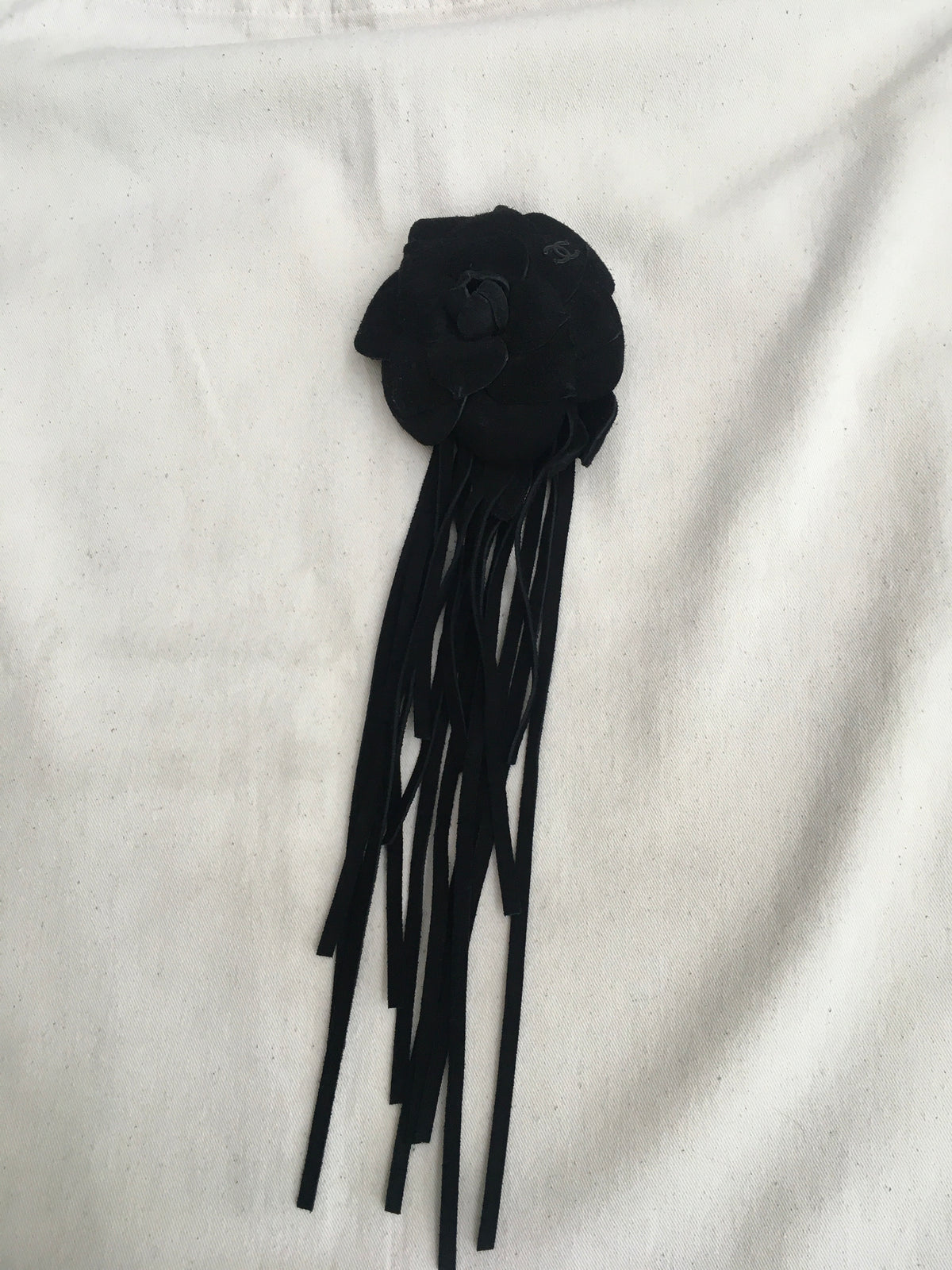 CHANEL CAMELLIA BLACK SUEDE LEATHER FLOWER FRINGE BROOCH PIN 2014 ladies