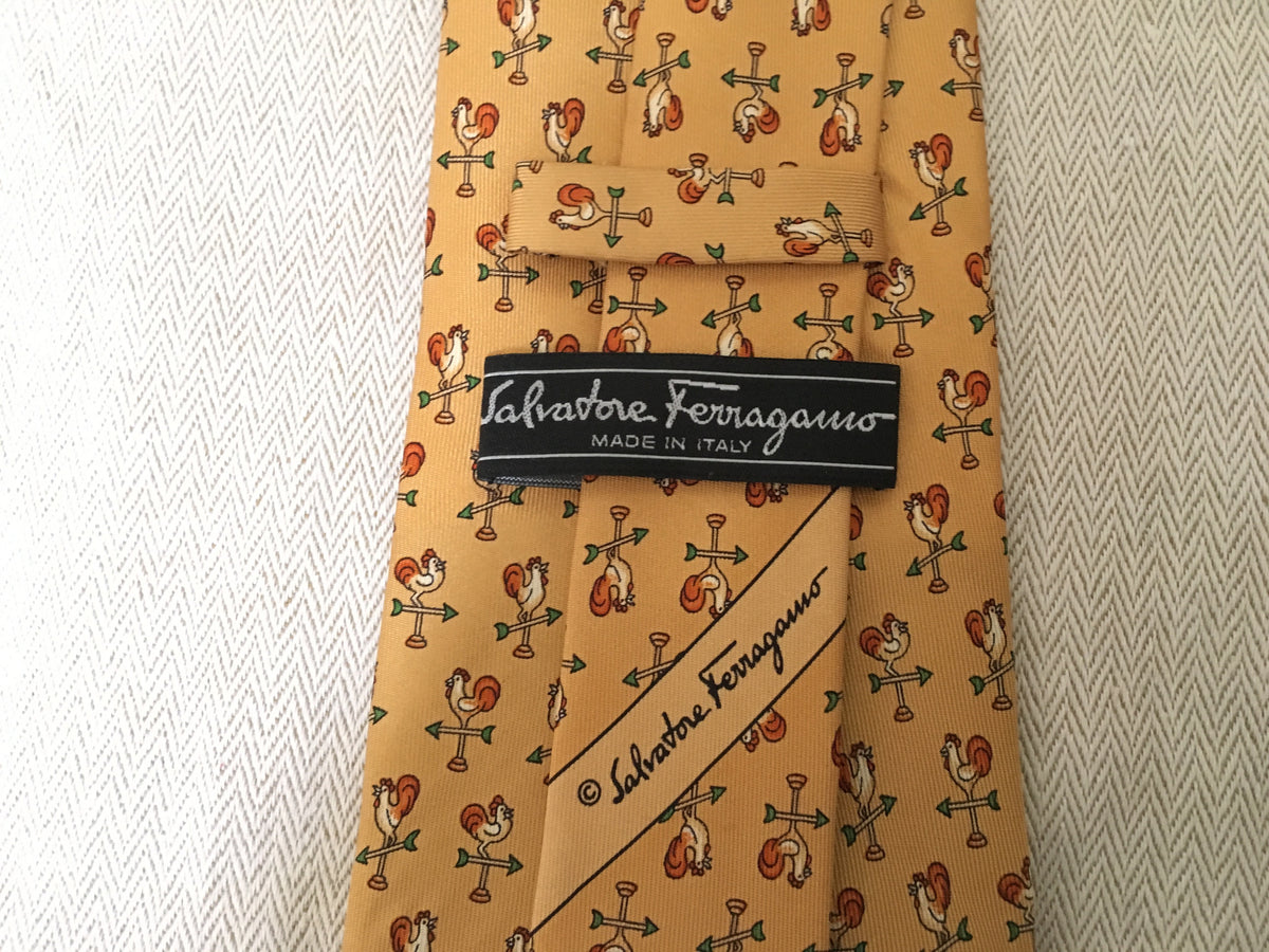 SALVATORE FERRAGAMO COCK PRINTED YELLOW SILK TIE MEN men