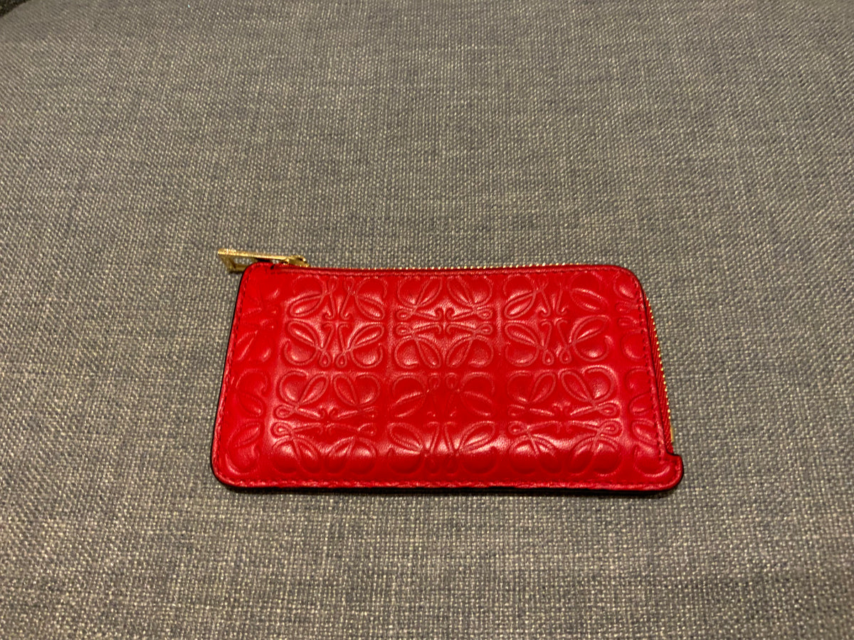 LOEWE Calfskin Embossed Repeat Coin Card Holder in Red Leather ladies