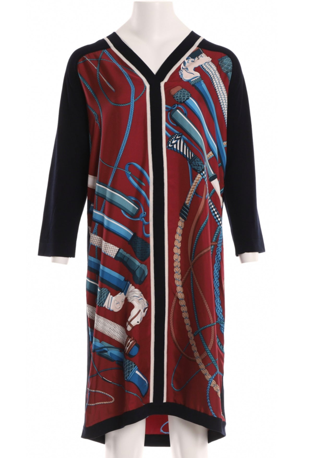 HERMÈS 2021 Black Maroon Fouets Et Badines Print Silk Shift Dress ladies