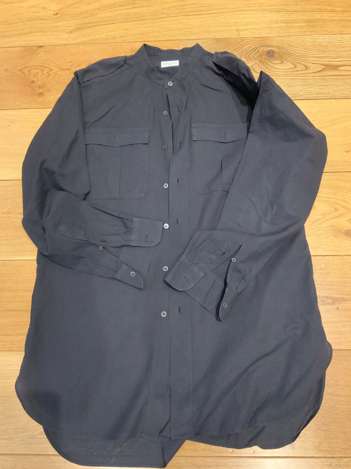DRIES VAN NOTEN black washed cotton utility pocket tencel linen long shirt Sz 52 men